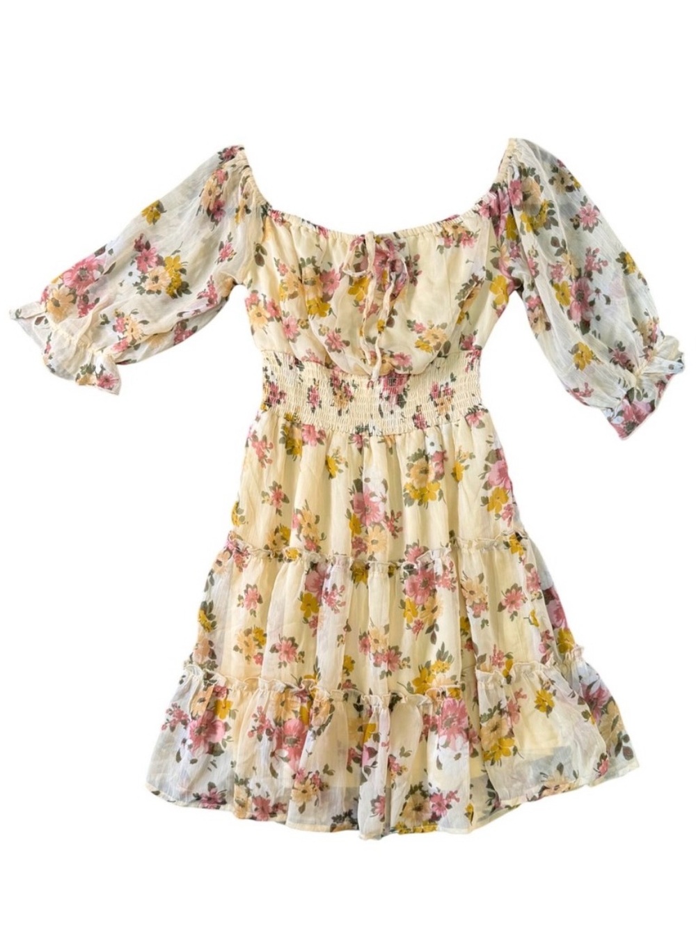 OFFERS OPEN! Hint of Blush‎ Yellow Floral Smocked Off Shoulder Ruffle Dress S